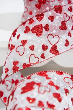 2.5" X 10 Yard Red Glitter Heart Sheer White Ribbon
