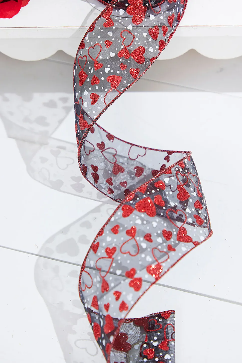 2.5" x 10 Yard Red Glitter Heart Sheer Black Ribbon