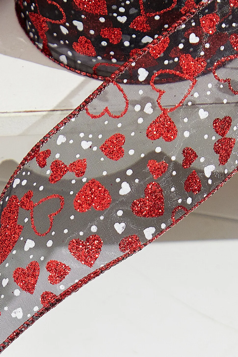 2.5" x 10 Yard Red Glitter Heart Sheer Black Ribbon