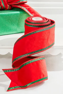 4” x 5 Yard Red & Green Piping Velvet Metallic Dupion Ribbon