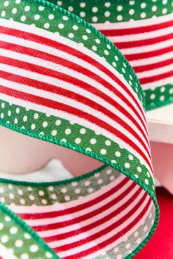2.5" x 10 Yard Red & Green Stripes with Polka Dots Ribbon