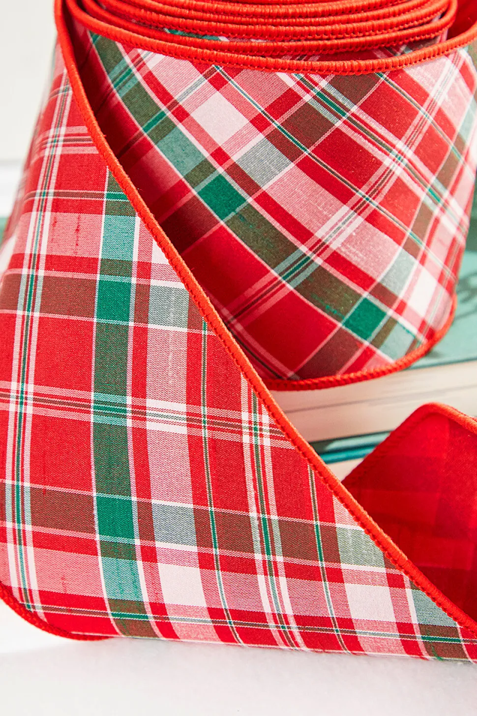 4" x 10 Yard Red/Green/White Holiday Plaid Dupioni Ribbon