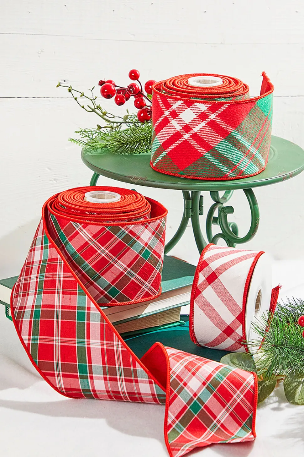 4" x 10 Yard Red/Green/White Holiday Plaid Dupioni Ribbon