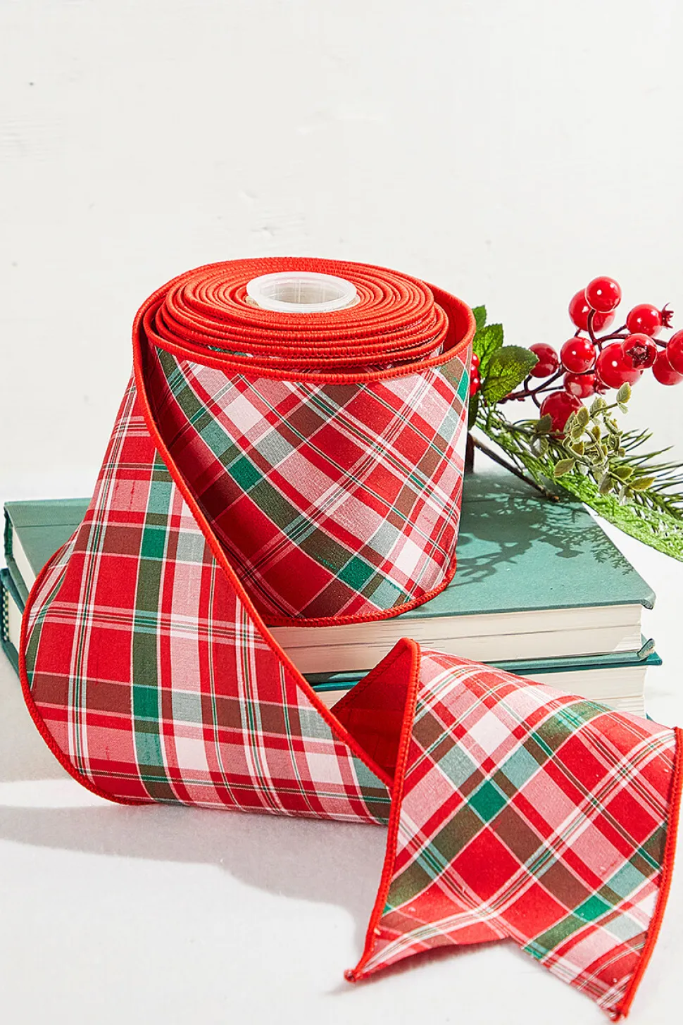4" x 10 Yard Red/Green/White Holiday Plaid Dupioni Ribbon