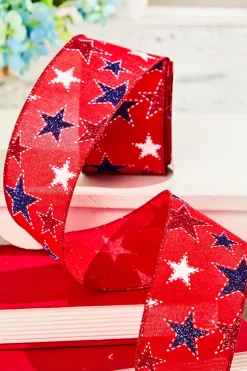 2.5" x 10 Yard Red Ribbon with White & Blue Stars