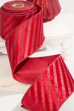 4" x 10 Yard Red Velvet with Red Glitter Stripe Ribbon