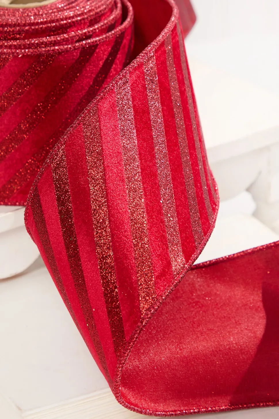 4" x 10 Yard Red Velvet with Red Glitter Stripe Ribbon