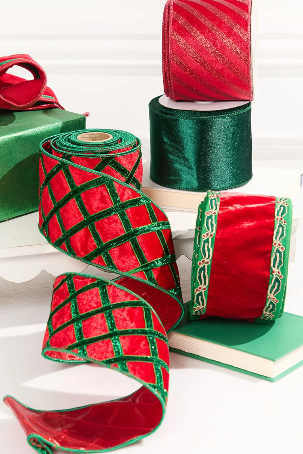 4" x 10 Yard Red Velvet with Red Glitter Stripe Ribbon
