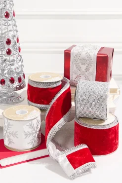 4" x 5 Yard Red Velvet with Silver Jewel Trim Ribbon
