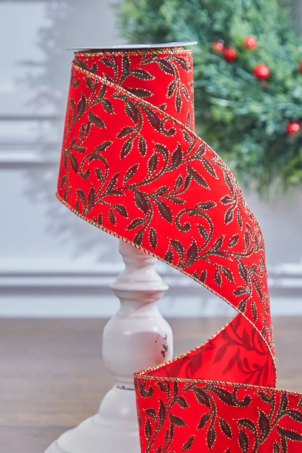 4" x 10 Yard Red Velvet With Vine Wired Ribbon