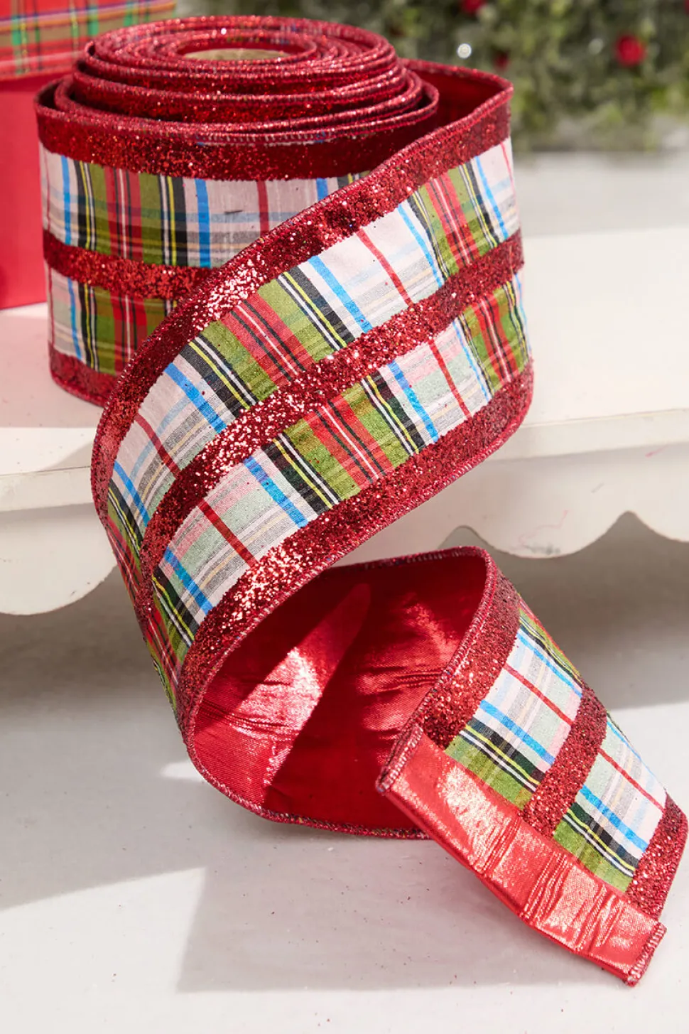 4" x 10 Yard Red & White Plaid Pattern Ribbon
