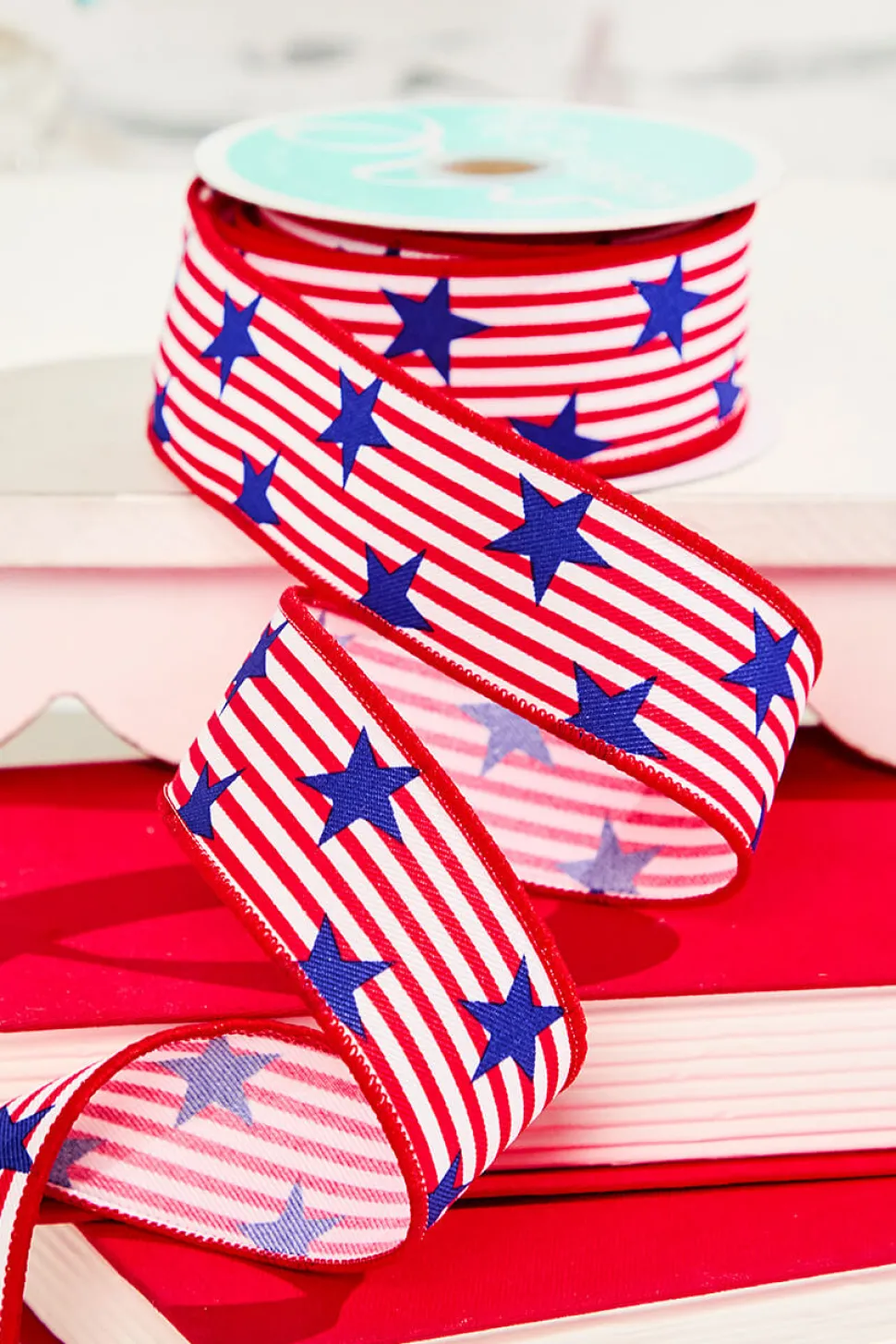 1.5" x 10 Yard Red & White Striped Ribbon with Blue Stars