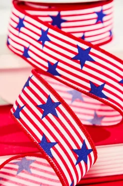 1.5" x 10 Yard Red & White Striped Ribbon with Blue Stars