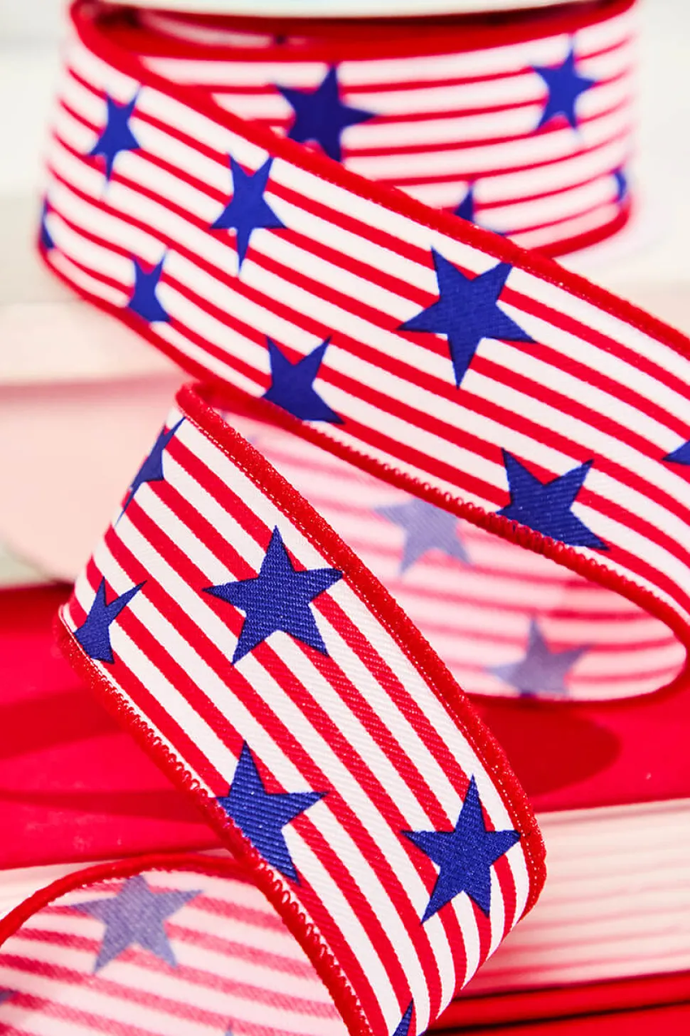 1.5" x 10 Yard Red & White Striped Ribbon with Blue Stars