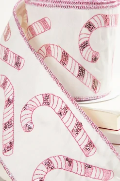 4" x 5 Yard Sequin Embroidered Pink Candy Cane Ribbon