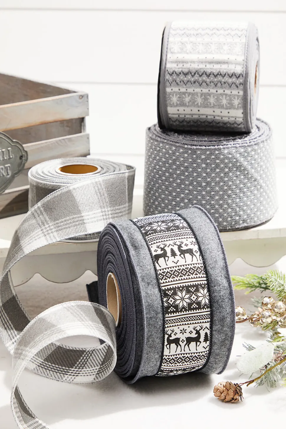 4” x 10 Yard Snowflake Knit Gray & White Ribbon