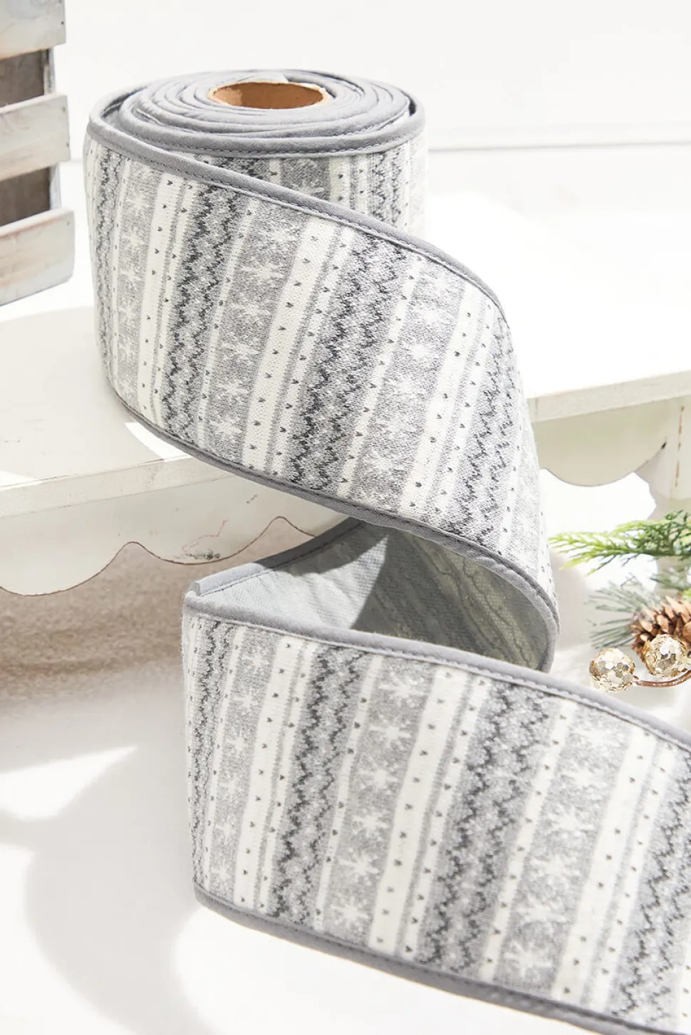 4” x 10 Yard Snowflake Knit Gray & White Ribbon