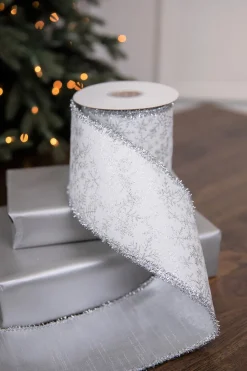 4" x 5 Yard Snowflake Sparkle Print Dupion Ribbon
