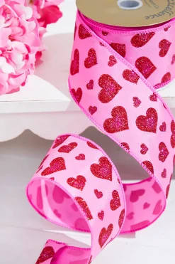 2.5" x 10 Yards Pink Glitter Heart Ribbon