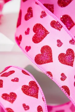 2.5" x 10 Yards Pink Glitter Heart Ribbon