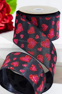 2.5" x 10 Yards Red Glitter Heart Black Ribbon