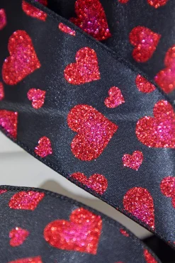 2.5" x 10 Yards Red Glitter Heart Black Ribbon