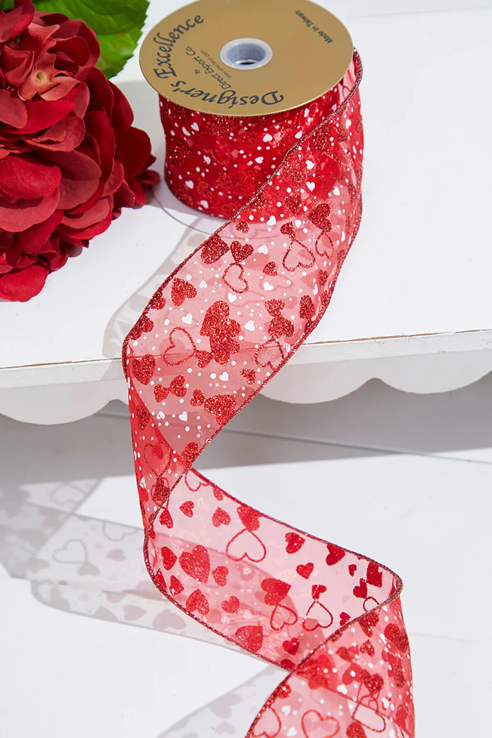 2.5" x 10 Yards Red Glitter Heart Sheer Red Ribbon