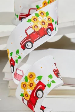 2.5" x 10 Yards Truck with Flowers White Ribbon