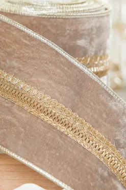 4" x 5 Yard Taupe Velvet Metallic Edge Ribbon