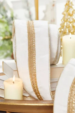 4" x 5 Yard White and Gold Velvet Ribbon