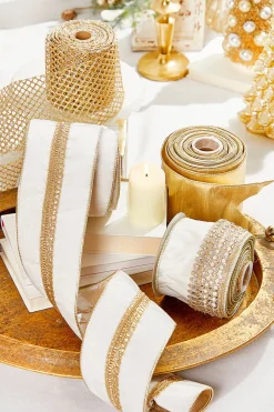 4" x 5 Yard White and Gold Velvet Ribbon