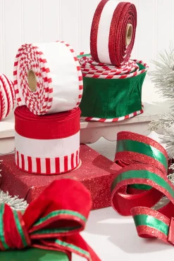 2.5" x 10 Yard White Dupioni with Red Glitter Stripe Ribbon
