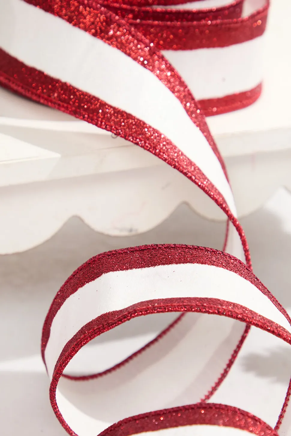 2.5" x 10 Yard White Dupioni with Red Glitter Stripe Ribbon