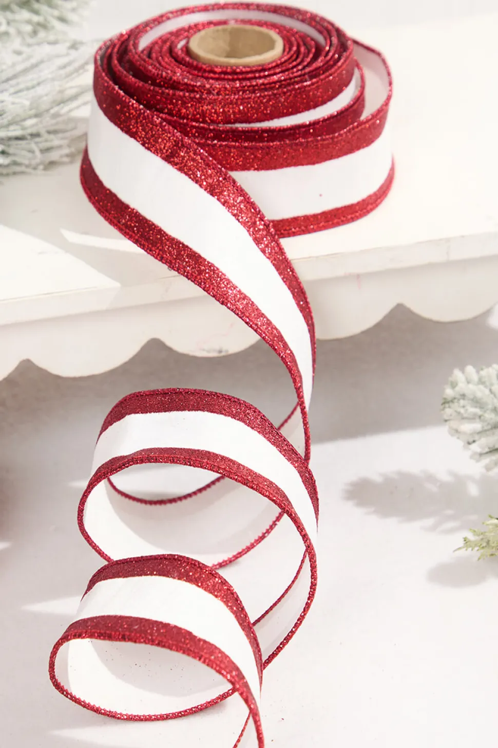 2.5" x 10 Yard White Dupioni with Red Glitter Stripe Ribbon