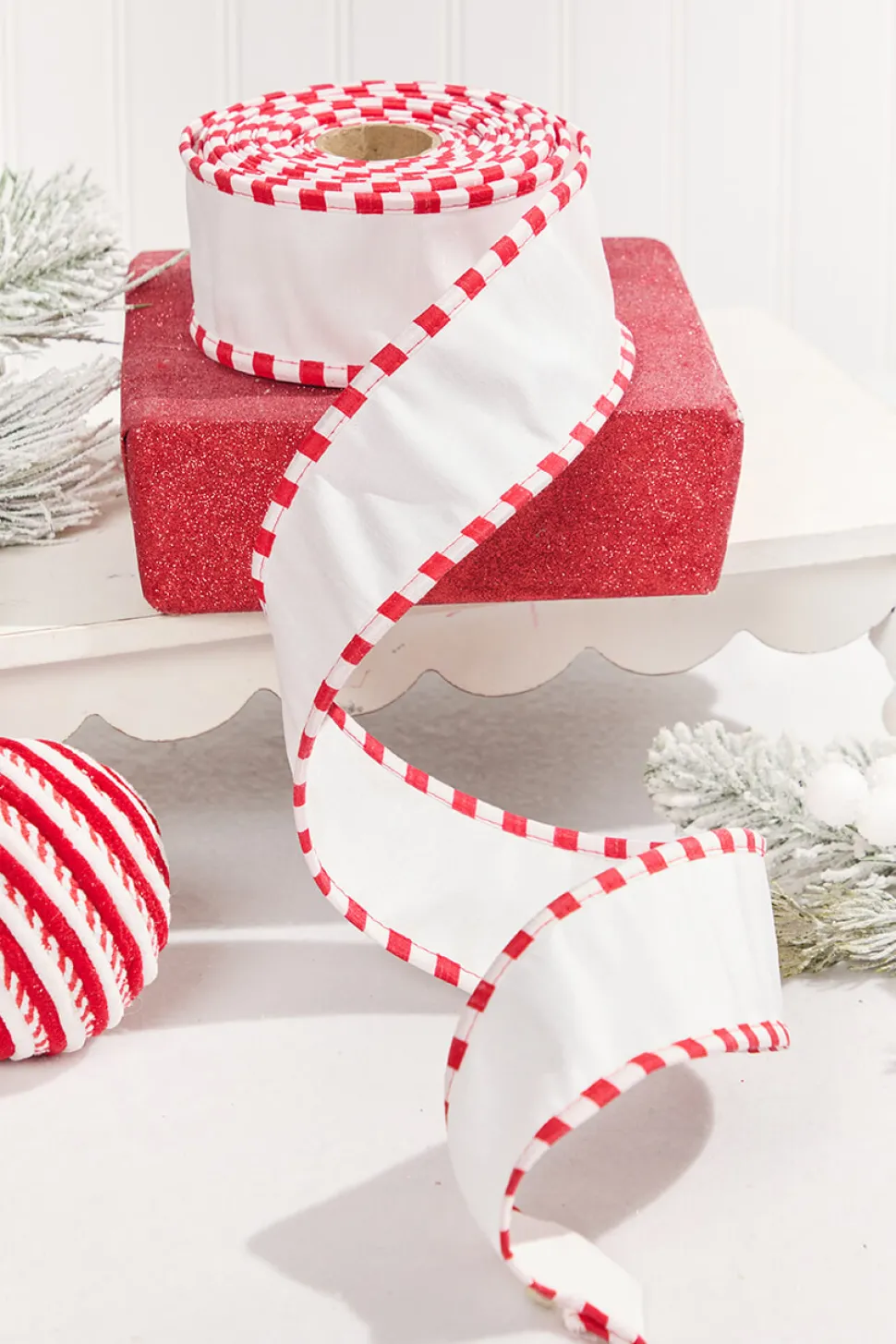 2.5" x 10 Yard White Dupioni with Red & White Piping Ribbon