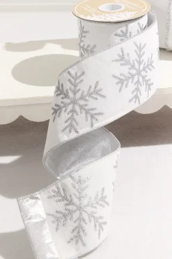 4" x 10 Yard White Velvet with Silver Snowflake Ribbon