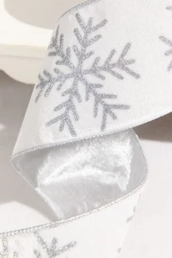 4" x 10 Yard White Velvet with Silver Snowflake Ribbon